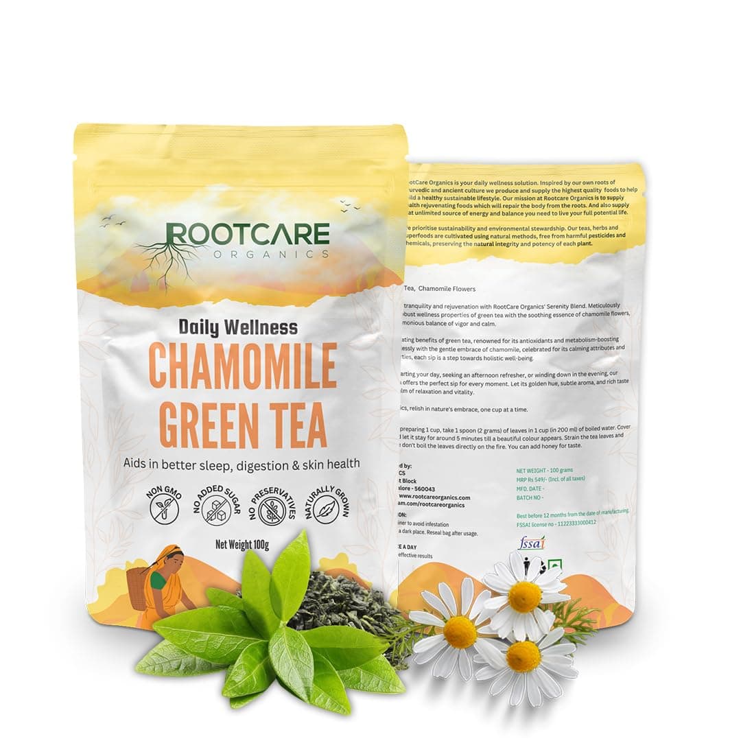 Rootcare Organics - Premium Chamomile Green Tea (100grams) Improves Sleep Quality & Promotes Relaxation | Caffeine Free | Stress Relief | Natural Chamomile Flowers | Non Bitter