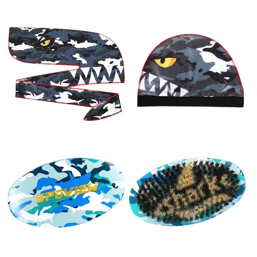 Premium shark pattern medium wave brush with designer durag & wave cap (SHARK-SHORT-WAVE BRUSH & DURAG)