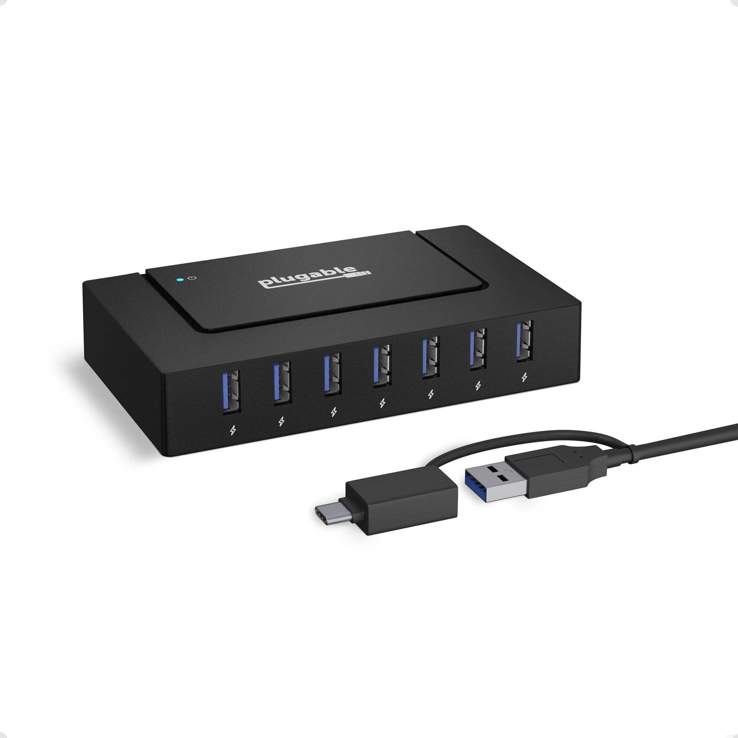 7-Port USB Charging Hub for Laptops with USB-C or USB 3.0 - Plug-in USB Charging Station for Multiple Devices and Data Transfer with a 60W Power Adapter