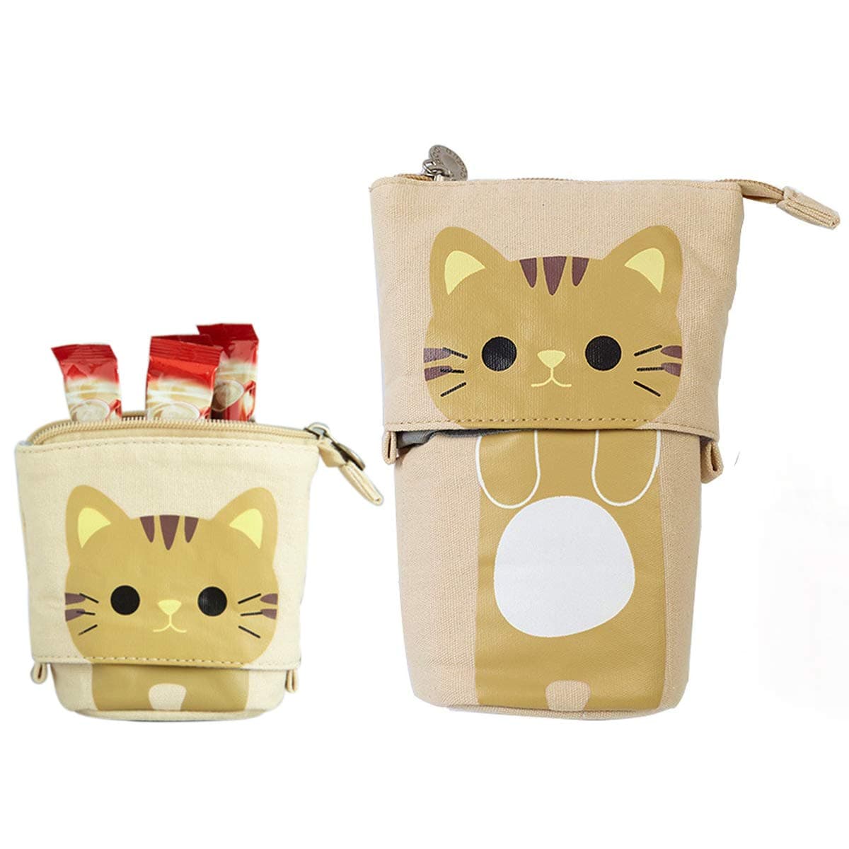 Mankoo Stand Pencil Holder,Telescopic Cartoon Cute Cat Pencil Case Cosmetic Durable Canvas Stationery Makeup Bag Students and Office Supplies