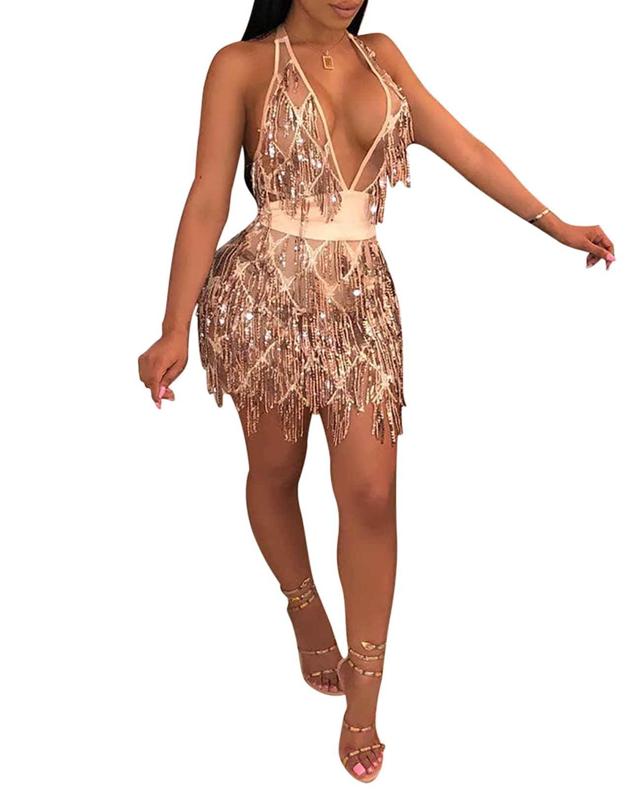 Women's Sexy V Neck Sparkly Glitter Sequin Tassels See Through Sleeveless Backless Bodycon Club Party Night Mini Dresses (A182-Champagne,S)