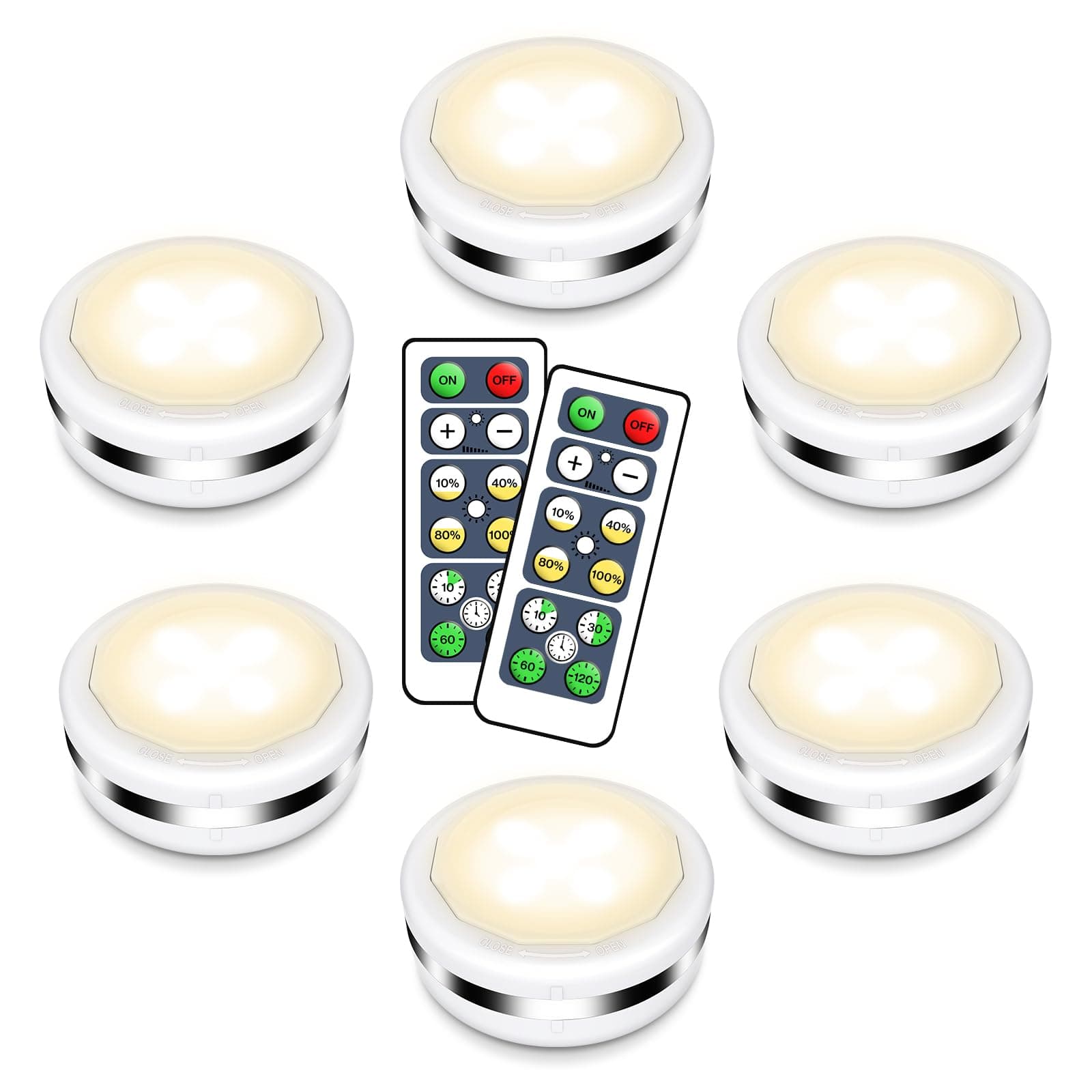 Cadrim Night Lights 6 Pack Under Cabinet Lights Closet Lighting Wardrobe Cupboard Lights with Remote Controls Battery Powered LED Lights Kitchen Bookcase Showcase Brightness Adjustable Wireless Timer