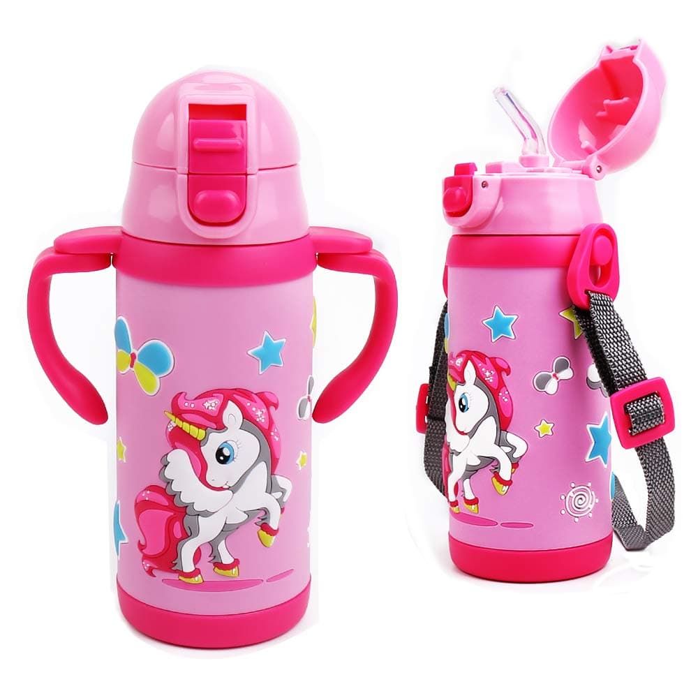 Kids Water Bottle With Straw Unicorn Thermoses Stainless Steel Insulated Vacuum Cup BPA Free Spillproof Thermal Water Cup For Girls School Lunch - With Handle And Shoulder Strap -12oz, Pink