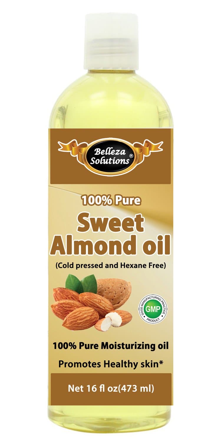 Belleza Solutions Sweet Almond Oil 16 OZ - 100% Pure Cold Pressed and Hexane Free - Natural Moisturizer from Head to Toe & Best Carrier Oil - Works Wonders for Your Hair, Scalp, face, Body and feet.