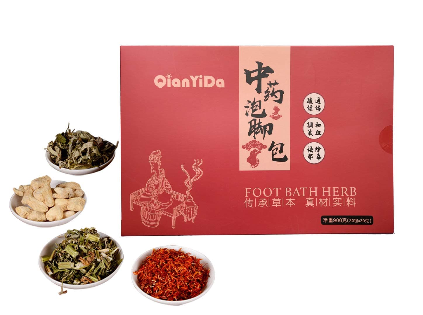 30 Bags Foot Bath Herb, Foot Soak Herbal Chinese Medicine for Foot Reflexology Herbs Spa 31oz 传统中药泡脚 真材实料足量900g 老姜 藏红花 艾草 益母草 四味草药混合 足浴包