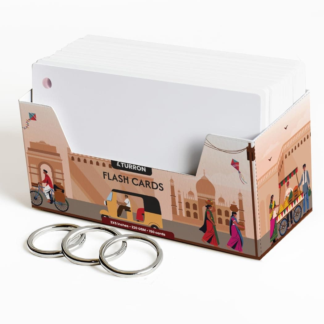 Turron Index Flash Cards Tray - 220 GSM, 150 Cards, 3x5 inch, Blank White - with Free Binder Rings for Short Notes, Revision, Cheat Sheets, Exams & Interview Preparation (3x5 Plain)