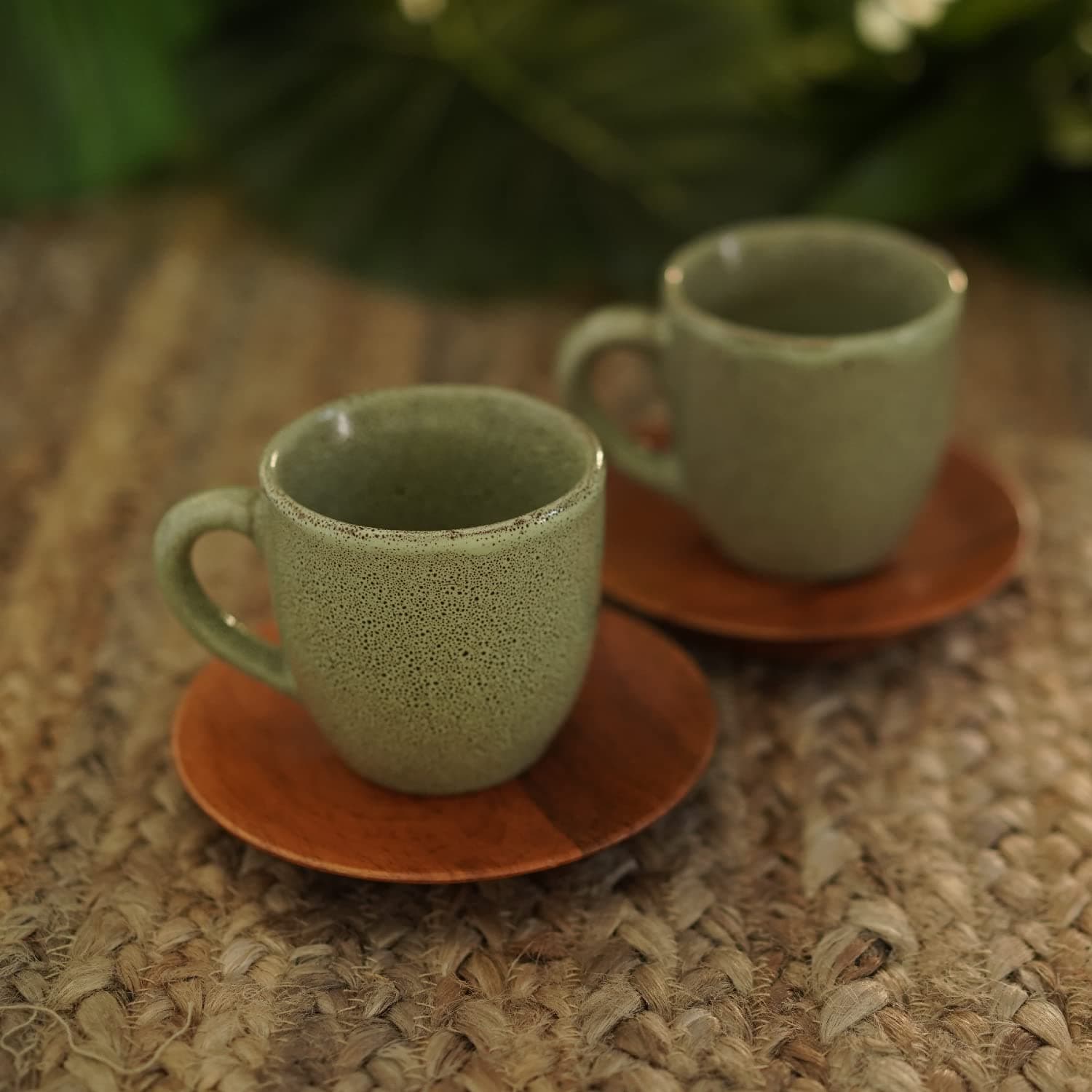 Courtyard Textured Hand Cast Ceramic | Wood Dhera Green Tea Cups Set of 2 with Saucers|Brown & Green|100 ML|Set of 2