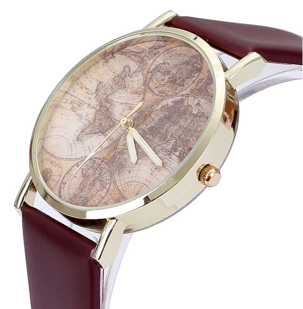 Women Vogue Elegant World Map Pattern Bracelet Wrist Watch Casual PU Leather Coffee