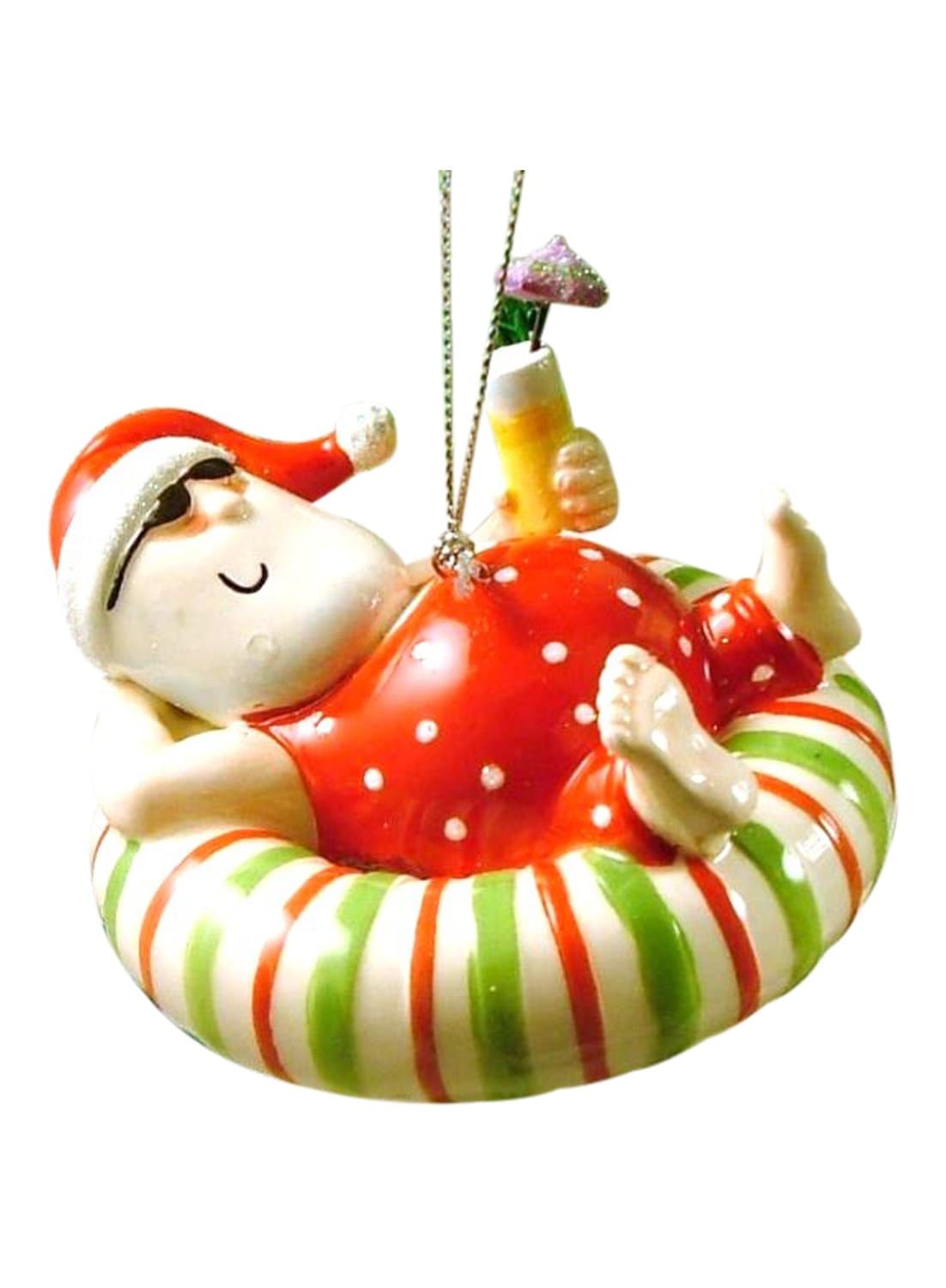Santa Relaxing on an Inner Tube Float with a Tropical Drink Ornament