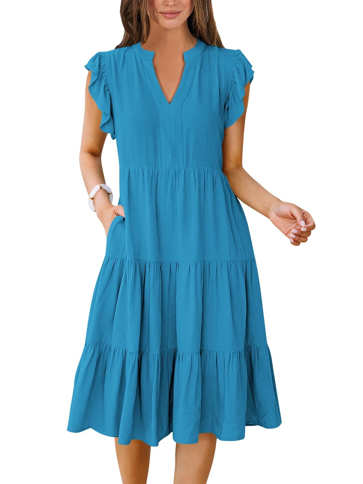 Womens Summer Dress Ruffle Sleeve V Neck Midi Dresses Fashion Casual Fit Flowy Tiered Boho Beach Vacation Sundress