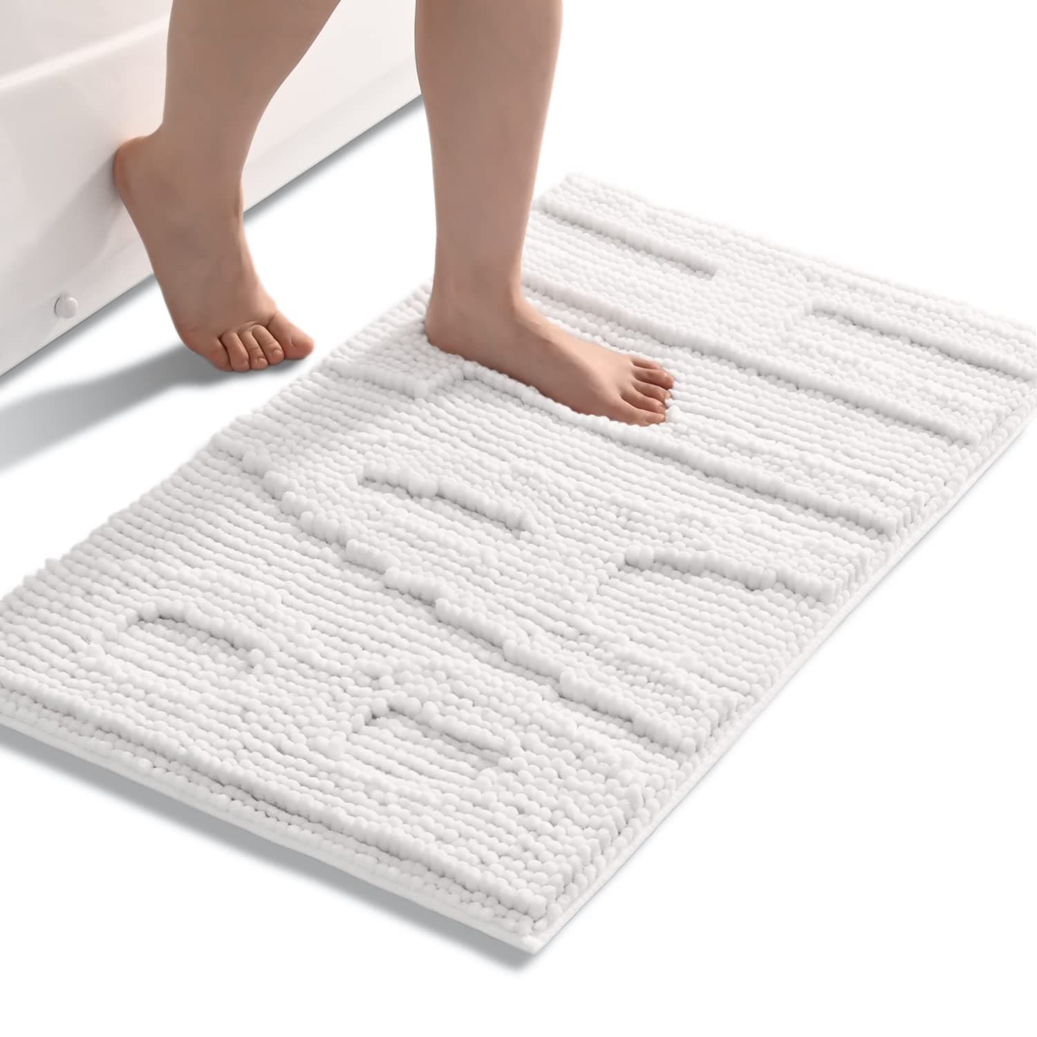 QJHOMO White Bathroom Rugs Chenille Bath Mats for Bathroom Non Slip Floor Mat, Thick Soft Shaggy Bath Rug, Super Absorbent Bathmat Quick Dry, Machine Washable Microfiber Rugs for Shower, 20 x 32 Inch