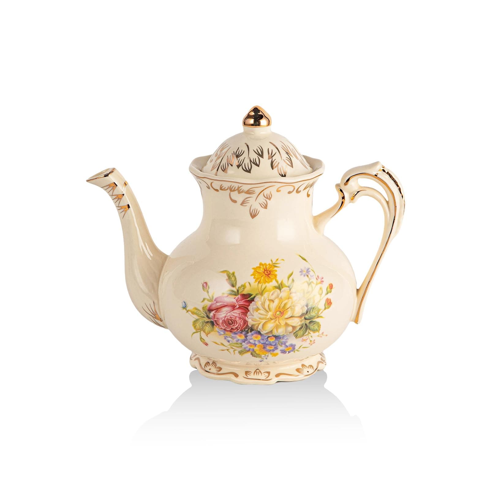 YOLIFE Flower Teapot, 800ml 4 Cup Ceramic Teapot, Vintage Ivory Floral with Gold Leaves Edge, Gift for Women