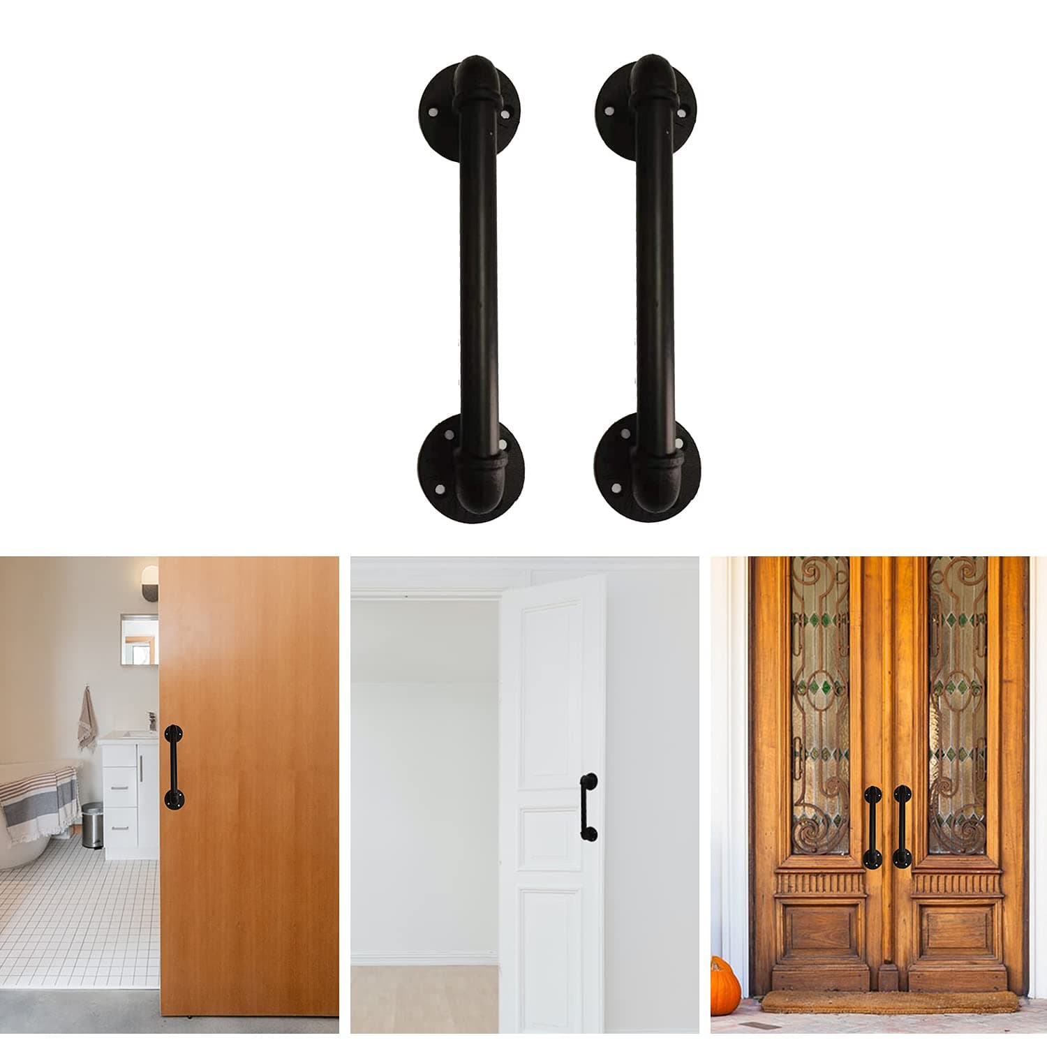 Melody House Industrial Pipe Door Pull Handle 11” Industrial Grab Bar Towel Bar Safety Handles Rustic Heavy Duty Iron Handrail for Gate Stairs Garage Bathroom 2pcs Black