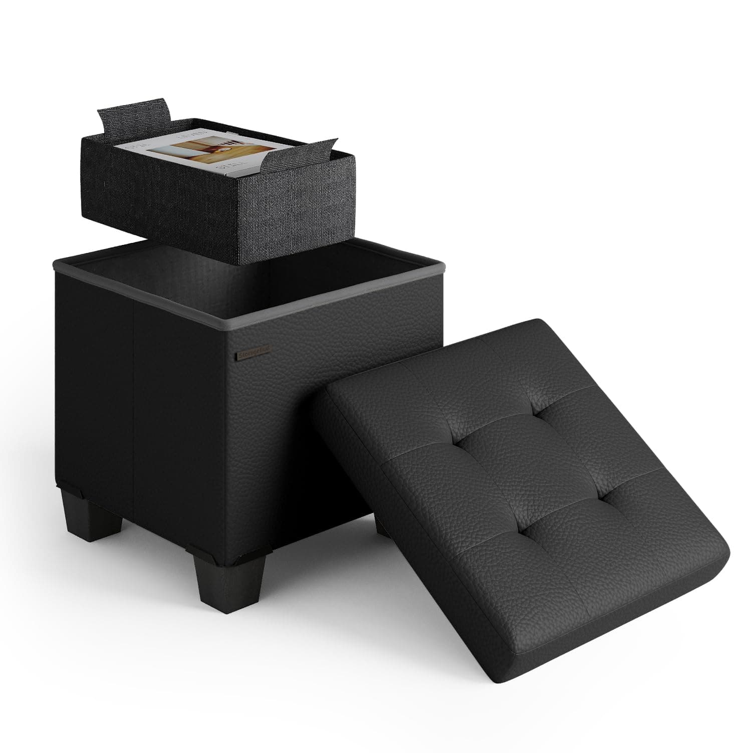 Storage Ottoman Cube with Storage Bin, 15-In Square Ottoman with Storage for Living Room and Bedroom, Small Ottoman Foot Rest, Black Storage Chest Max 330lbs, Foot Stools Ottoman, Faux Leather Ottoman