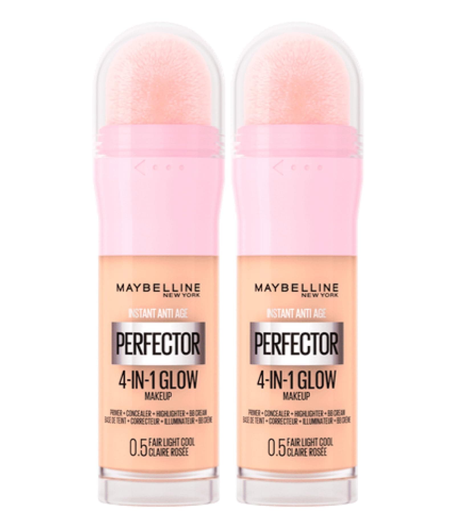 Maybelline New York Instant Age Perfector Glow 4-in-1 Concealer BB Cream Highlighter Primer Colour 0.5 Fair Light Cool with Sponge for Application - 2 Bottles of 20ml