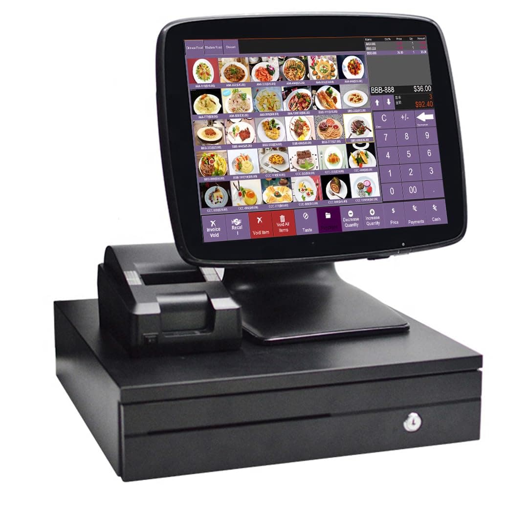 MEETSUN POS System,Cash Register for Restaurant,Includes Touch Screen,80MM Thermal Printer,Cash Drawer,Windows 10,POS Software (700-LS004)