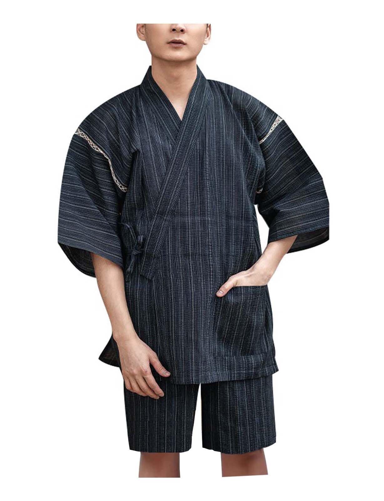 Men's Kimono Japanese Jinbei Shirt and Pant Cotton Linen Loungewear Lounge Set Spa Bathrobe, Style 5 Multicolor