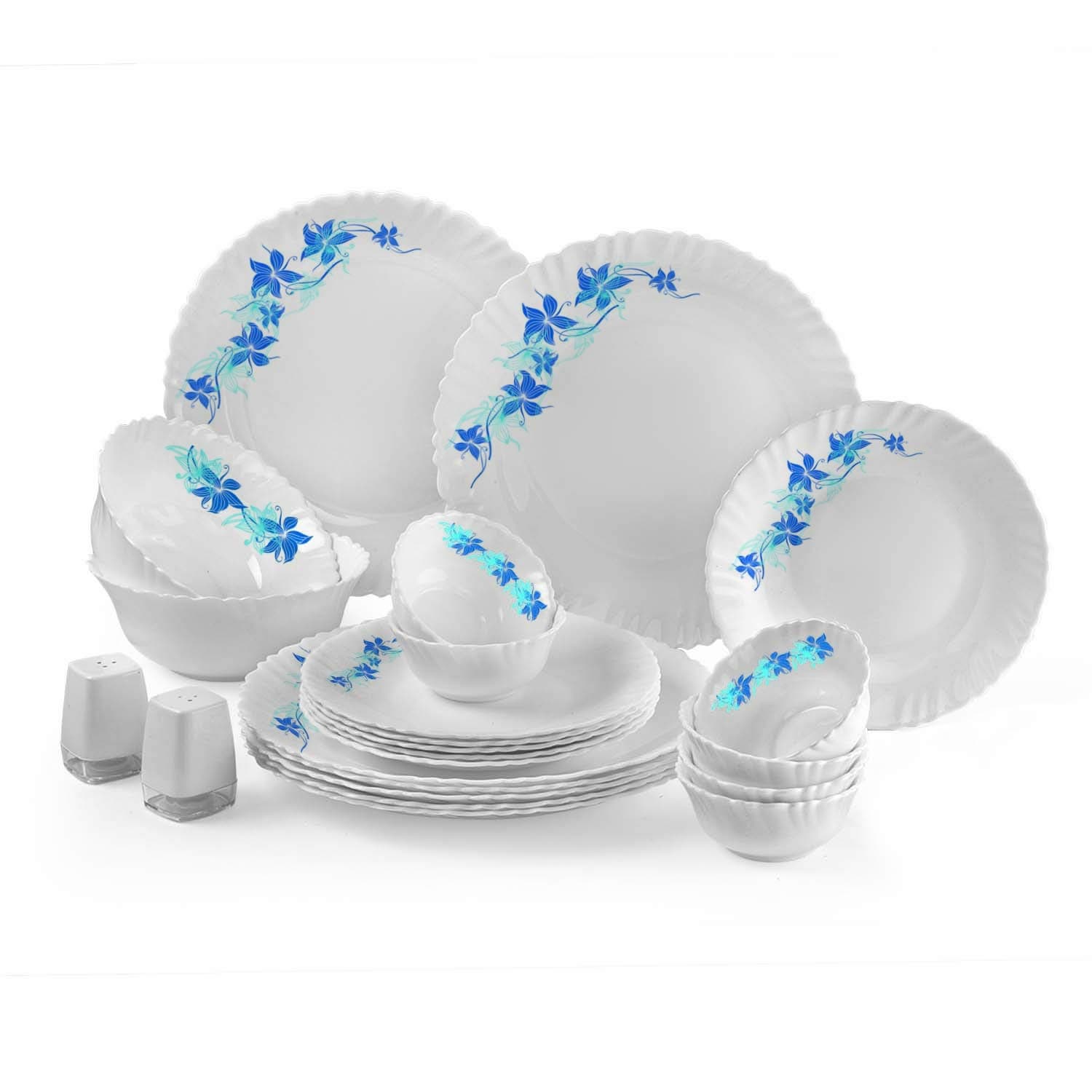 Cello Blue Swirl Opalware Dinner Set, 23 Units | Opal Glass Dinner Set for 6 | Light-Weight, Daily Use Crockery Set for Dining | White Plate and Bowl Set