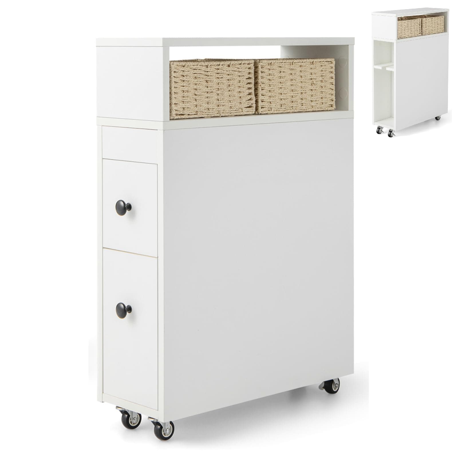 COSTWAY Slim Bathroom Floor Cabinet, Mobile Narrow Bathroom Storage Unit with 2 Slide Out Drawers, 2 Rattan Baskets, Back Toilet Brush Holder & 4 Wheels, Compact Wooden Cupboard Organiser (White)