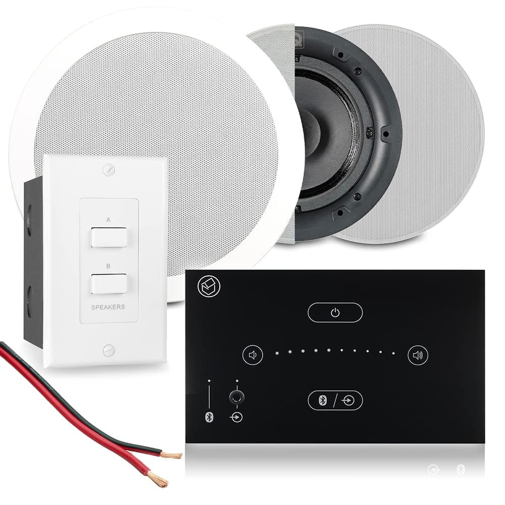 Power Dynamics Systemline E50 Bluetooth Ceiling Speakers Package with Touch Panel Amplifier, Bedroom & Ensuite Bathroom Ceiling Speakers Setup with A/B Zone Selector Switch
