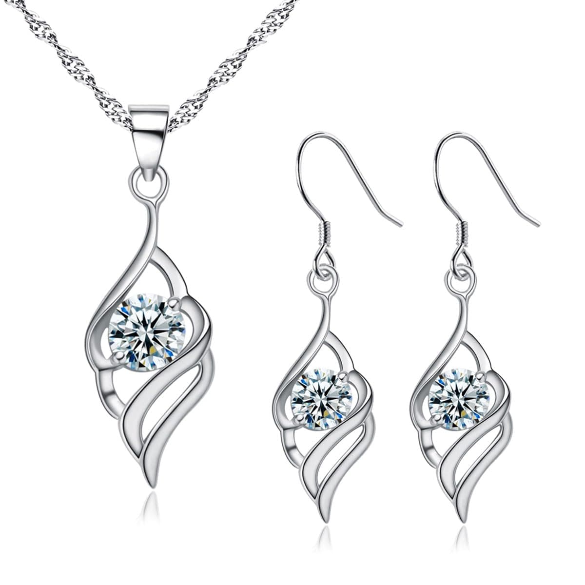 Silver Jewellery Set for Women, 925 Sterling Silver Angel Wing Jewelryset with Cubic Zirconia, Wing Pendant Necklace & Drop Dangle Hook Earrings Set, Fashion Jewelry Set for Wife Girlfriend