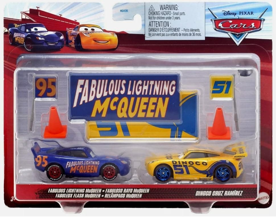 Disney Cars2022 Fan-Favorite 2-Pack with Race Team Flags and Signs: (Fabulous Lightning McQueen and Dinoco Cruz Ramirez)