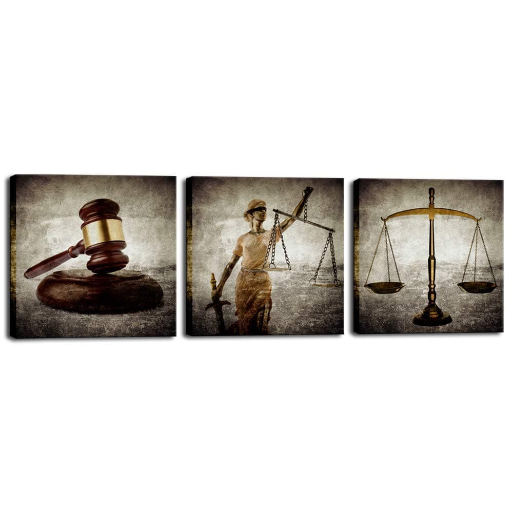 BiuteawalBiuteawal - Legal Wall Art Law Firm Scales Justice Hammer Picture Canvas Prints Justitia Lady Poster Painting Vintage Artwork for Court Home Office Study Room Decoration Ready to Hang
