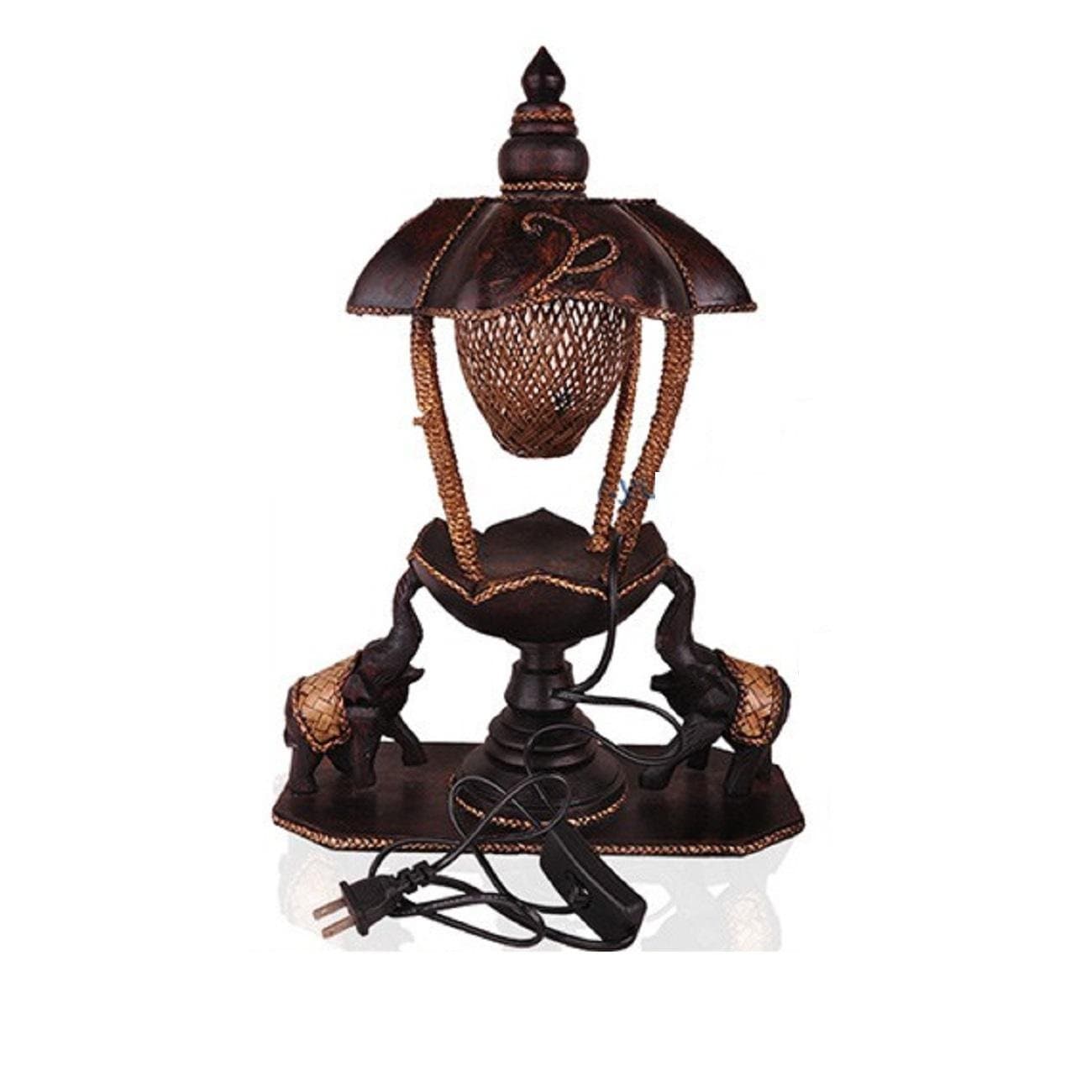 Wood Carving Art Lighting Art Lamps Teak Rattan Double Elephant Table Lamps