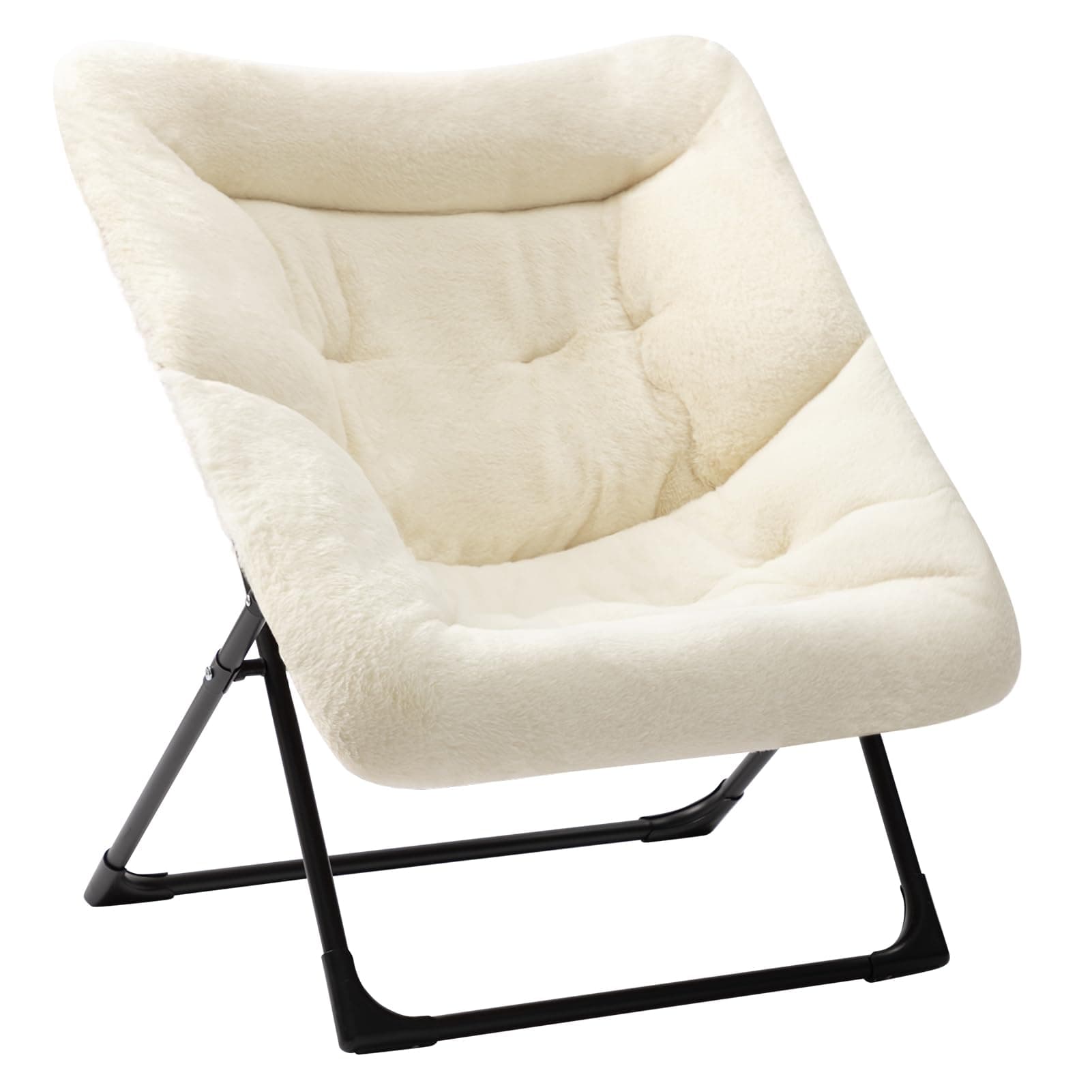 HollyHOME X-Large Saucer Chair, Comfy Oversized Folding Chair, Faux-Fur Reading Chair for Teens, Adults, Foldable Accent Lazy Chair, Metal Frame Lounge Chair for Living Room, Bedroom, Dorm, Beige