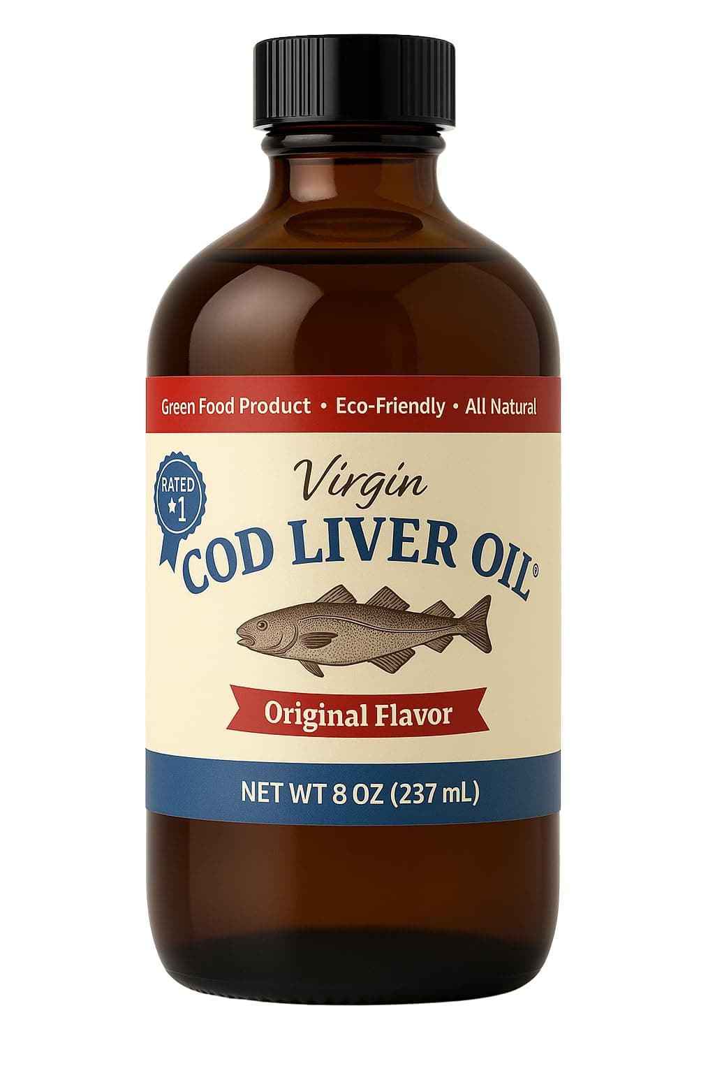 Virgin Cod Liver Oil - 8 Fl oz Natural, Wild Caught & Fresh Tasting, High in Vitamin D, Omega 3 DHA/EPA (Original Taste-Unflavored)