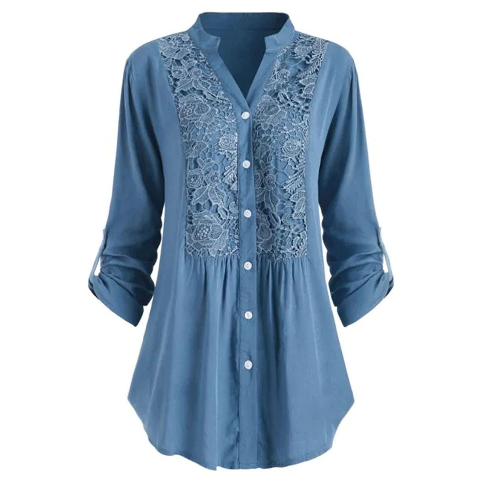 Women's Henley V Neck Floral Lace Crochet Blouse Tops Roll-up Sleeve Button Down Tunic Shirt Blue