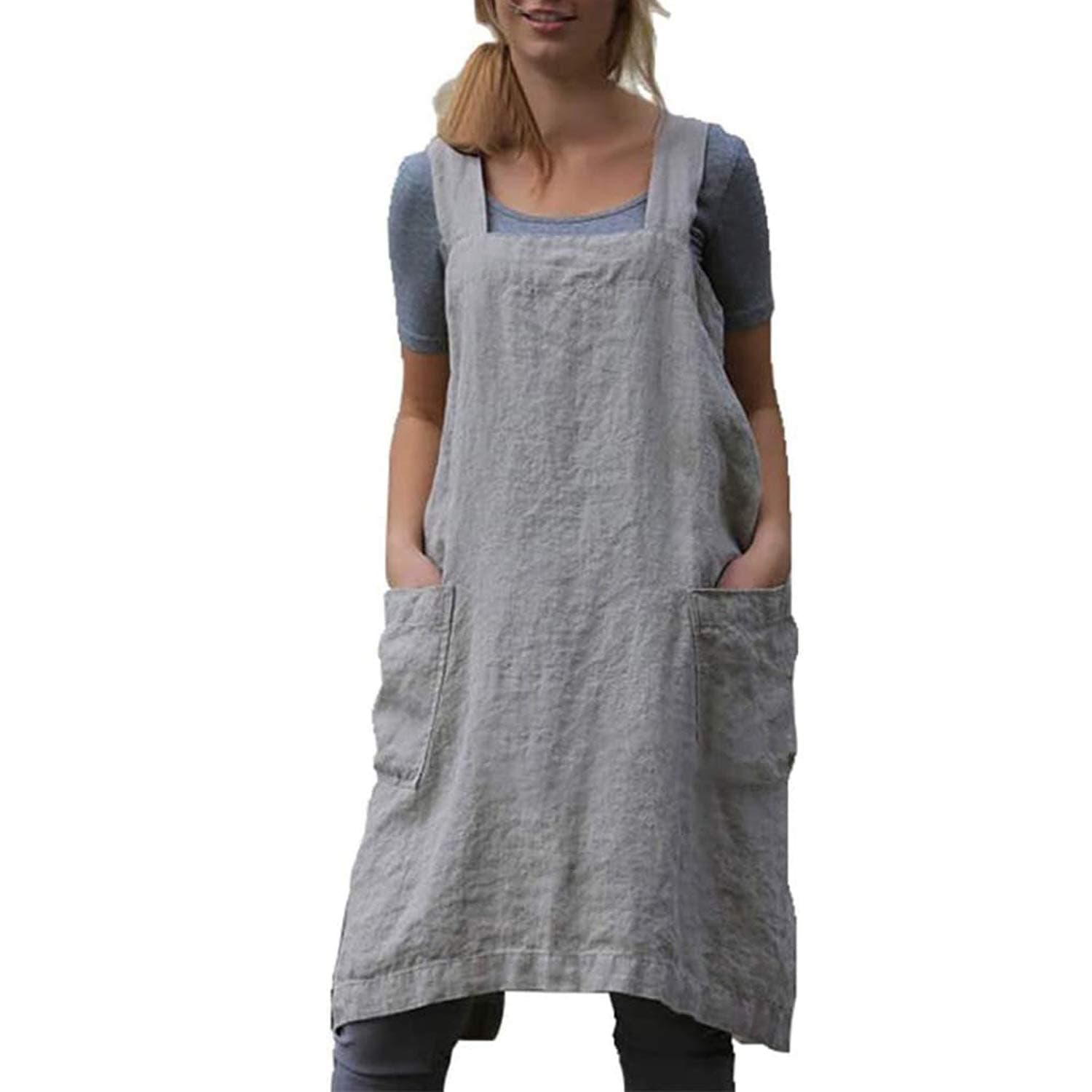 Hawholm Japanese Pinafore Apron Smock Cotton Apron with Pockets Plus Size Aprons for Women