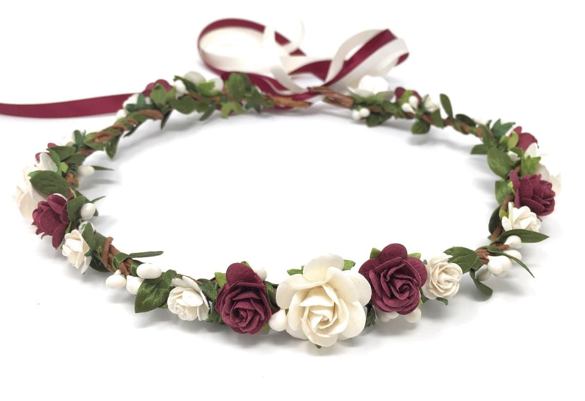 Flower girl crown wedding boho headpiece headband hair wreath (Burgundy)