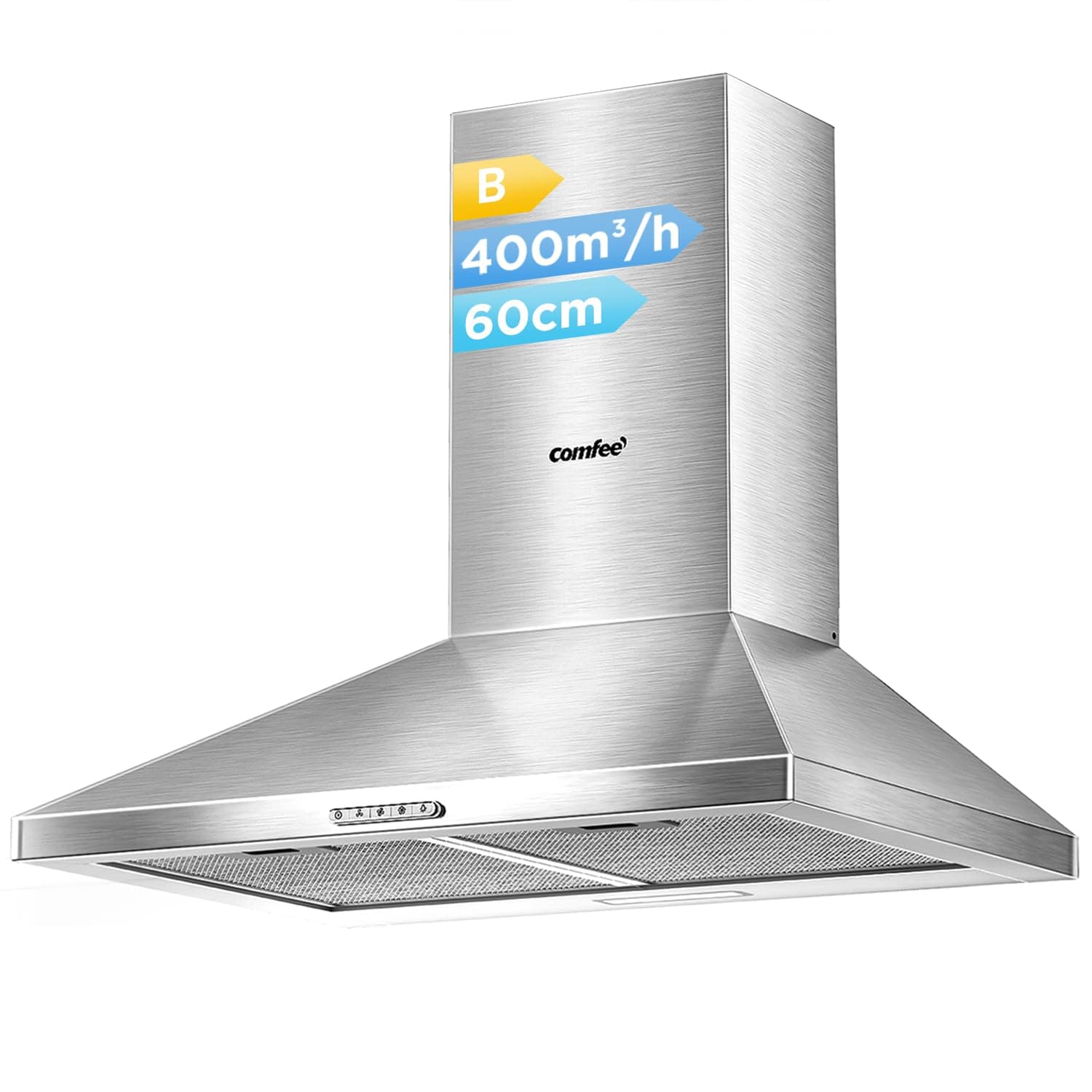 – 60 cm Chimney Cooker Hood Stainless Steel Extractor Hood with LED and Recirculating & Ducting System Wall Mounted Range Hood 600 mm Extractor Fan - Silver KWH-PYRA17SS-60