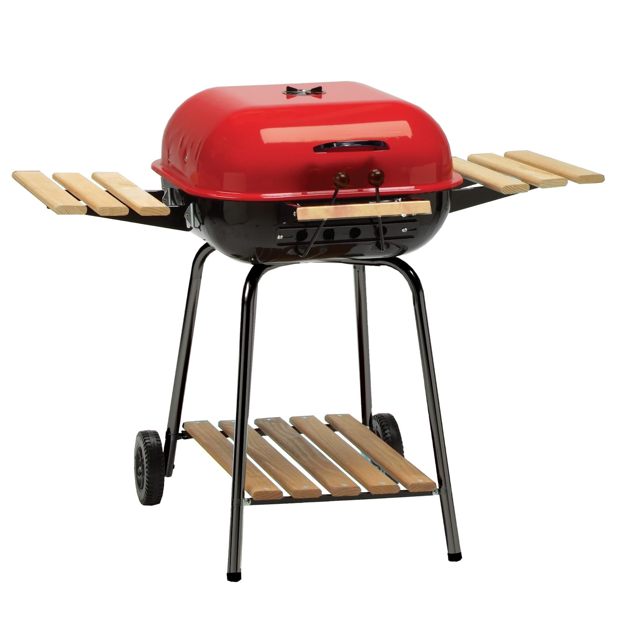 MECO Americana Swinger Portable Wheeled Outdoor Camping Tailgating Charcoal Grill with Adjustable Grid, Air Vents, Side Tables, and Bottom Shelf, Red