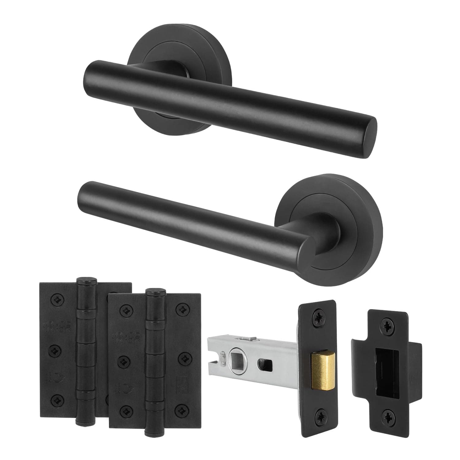 EAI Black Door Handles Latch Set, 1 Pair of Internal Matt T-Bar Round Rose Handles, Latch 64mm, Hinges 64mm - Oliena Range