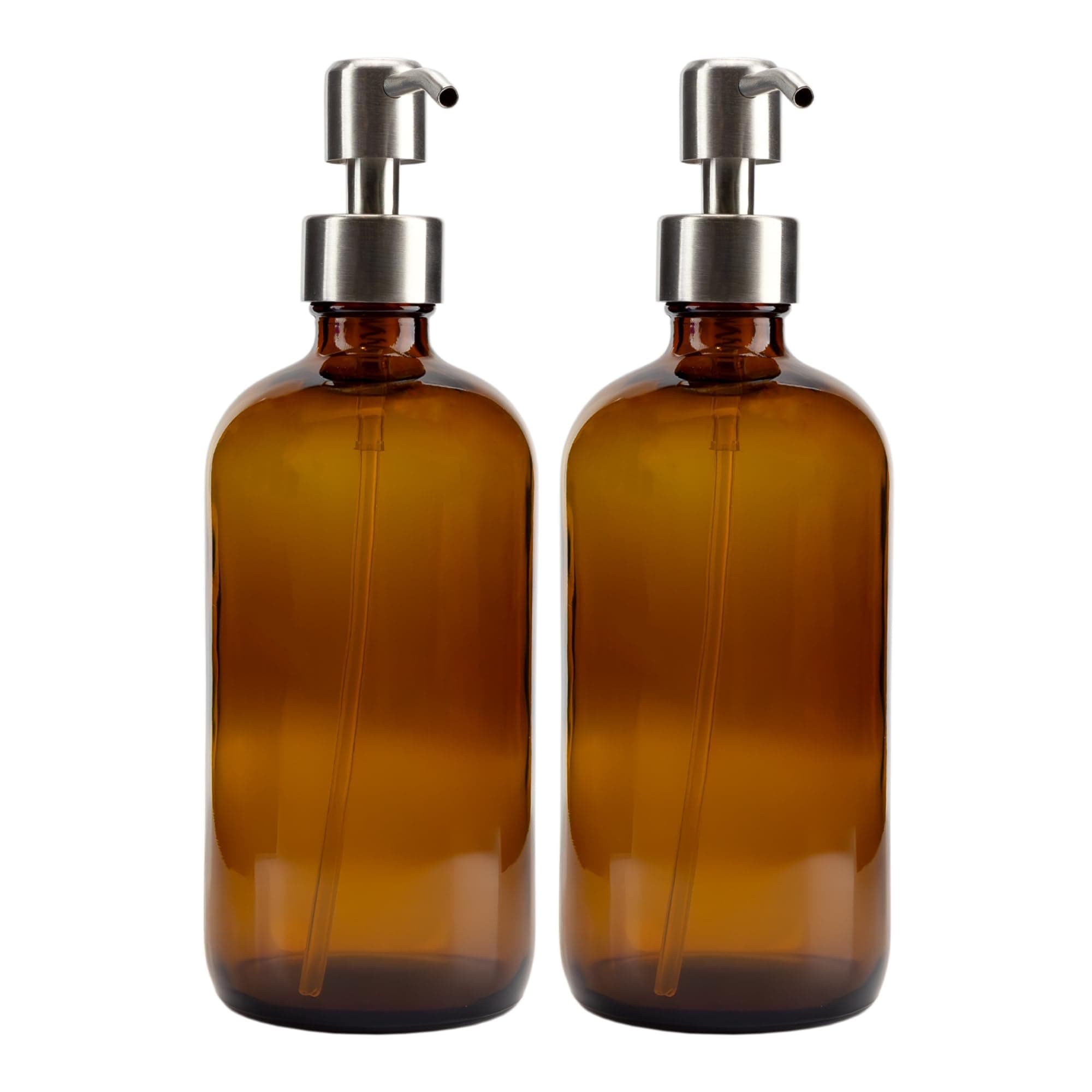Cornucopia Brands 16-Ounce Amber Glass Bottles w/Stainless Steel Pumps (2-Pack); Lotion & Soap Dispenser Brown Boston Round Bottles for Aromatherapy, DIY