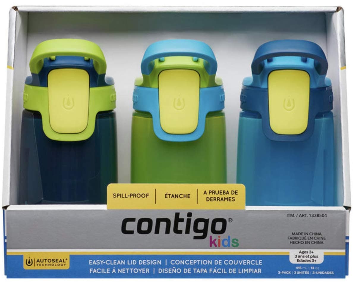Contigoflasks Navy/Green/Blue Autoseal Sip Kids 415ml Water Bottles, 3 Pack