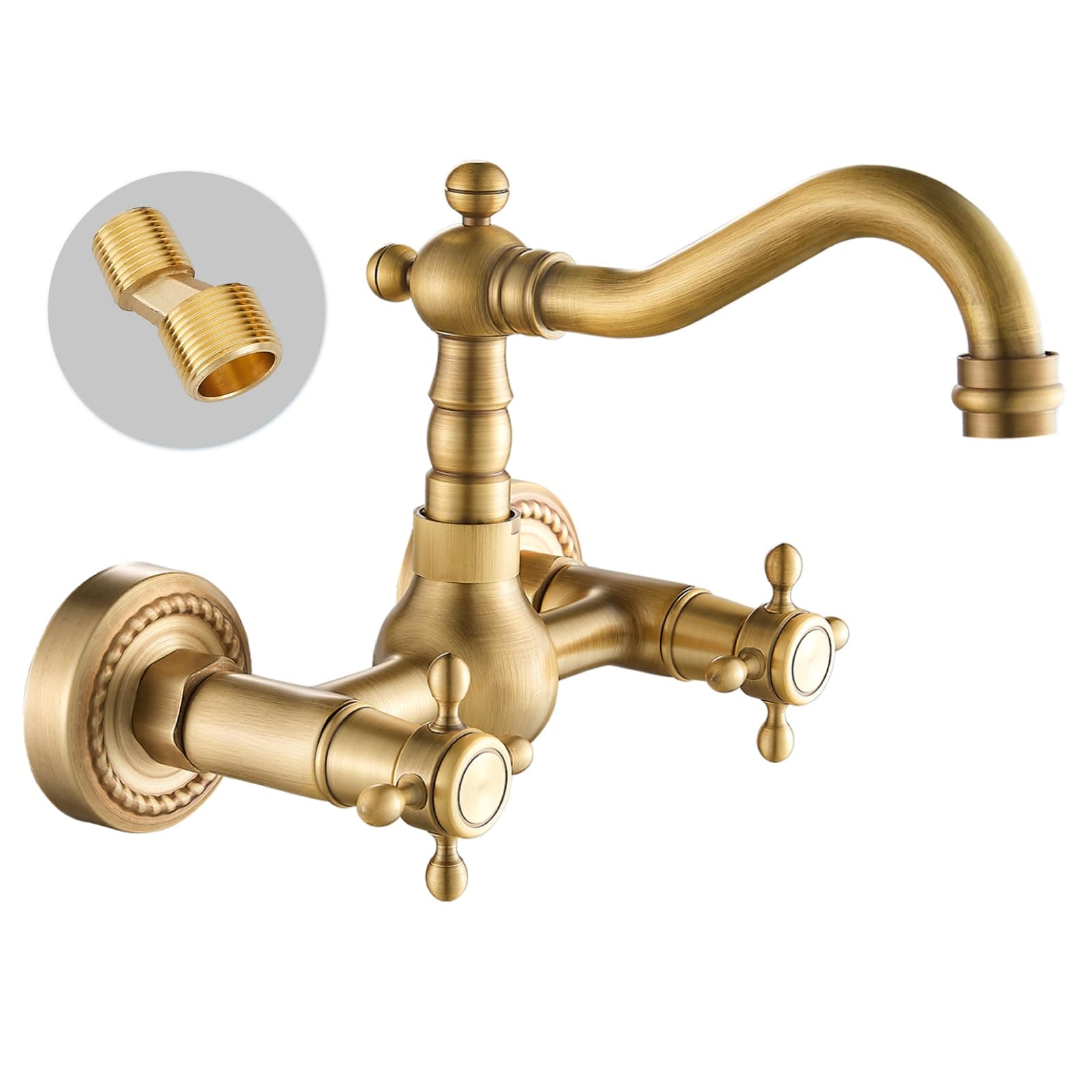 gotonovo Wall Mount 6 Inch Center Kitchen & Bathroom Faucet Double Cross Knobs Handle Vintage Mixer Tap 5.5 Inch Spout Reach Utility Faucet, Antique Brass