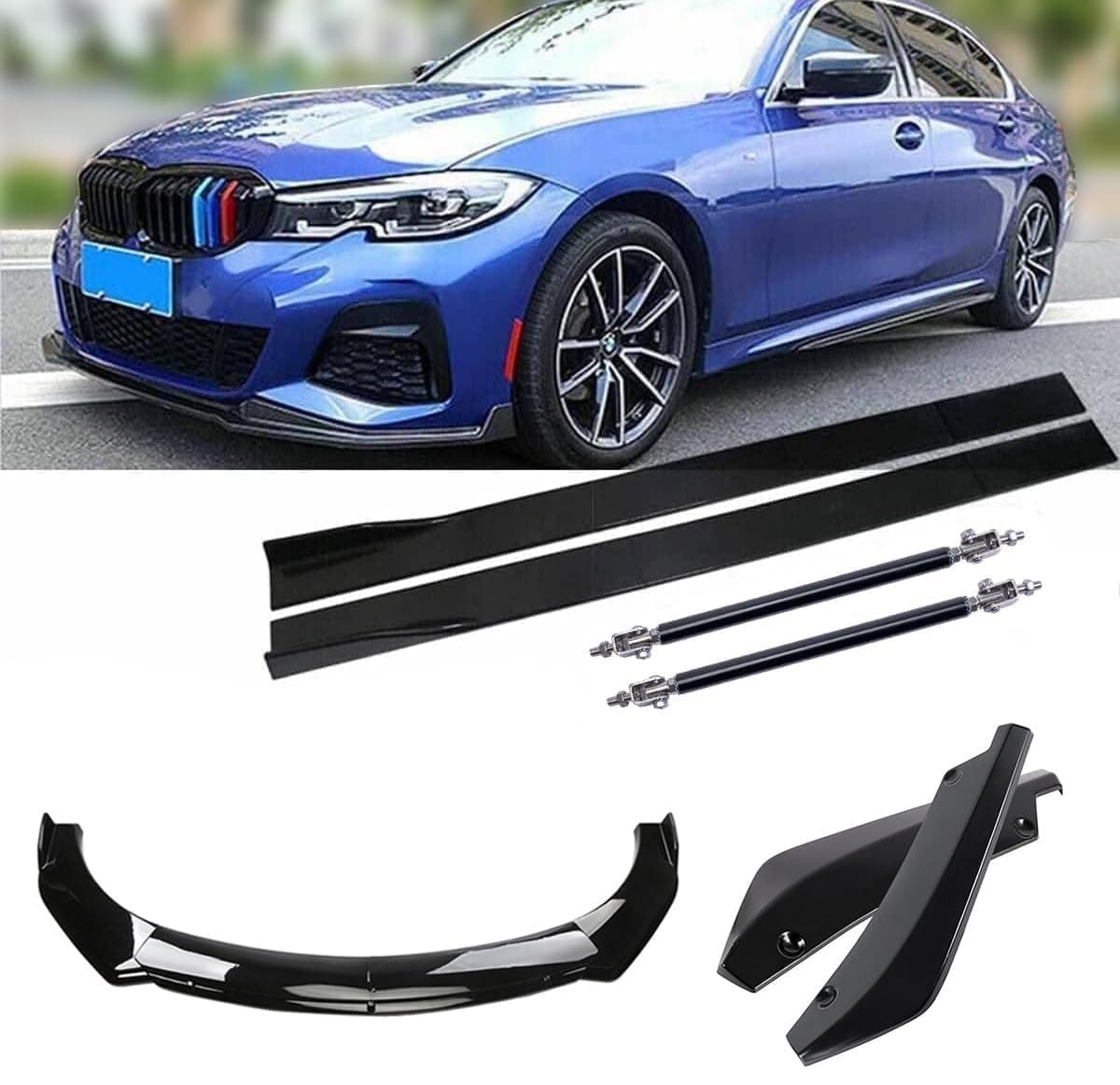Fit for B-M-W1 2 3 4 5 6 Series Front Bumper Spoiler Splitter Body Kit+Side Skirt+Rear Glossy Black Adjustable