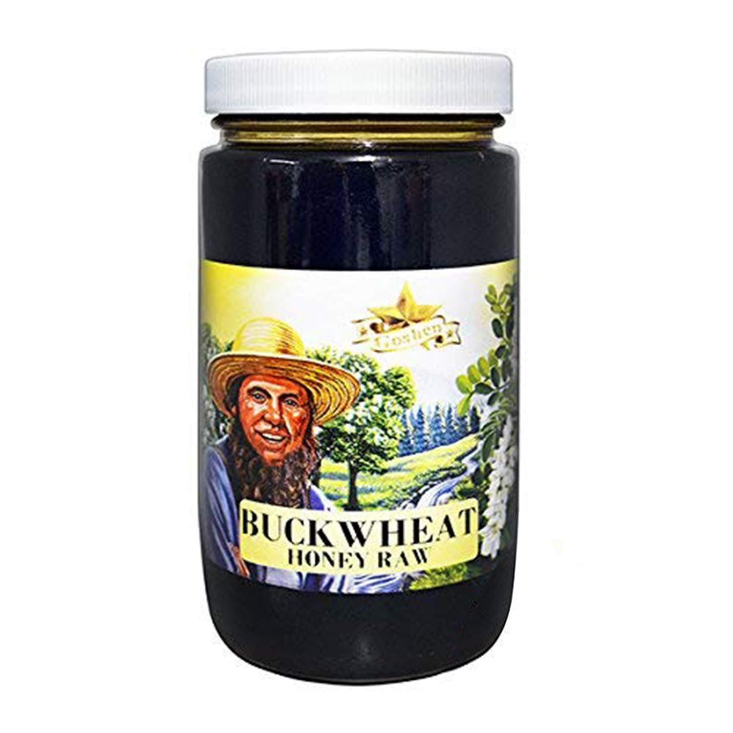 Goshen Amish Country Extremely Raw Buckwheat Honey - Unfiltered, Unprocessed, Pure & Natural - Harvested in the USA - Rich Flavor for Tea, Cooking, Wellbeing - Kosher Certified - 16oz Glass Jar