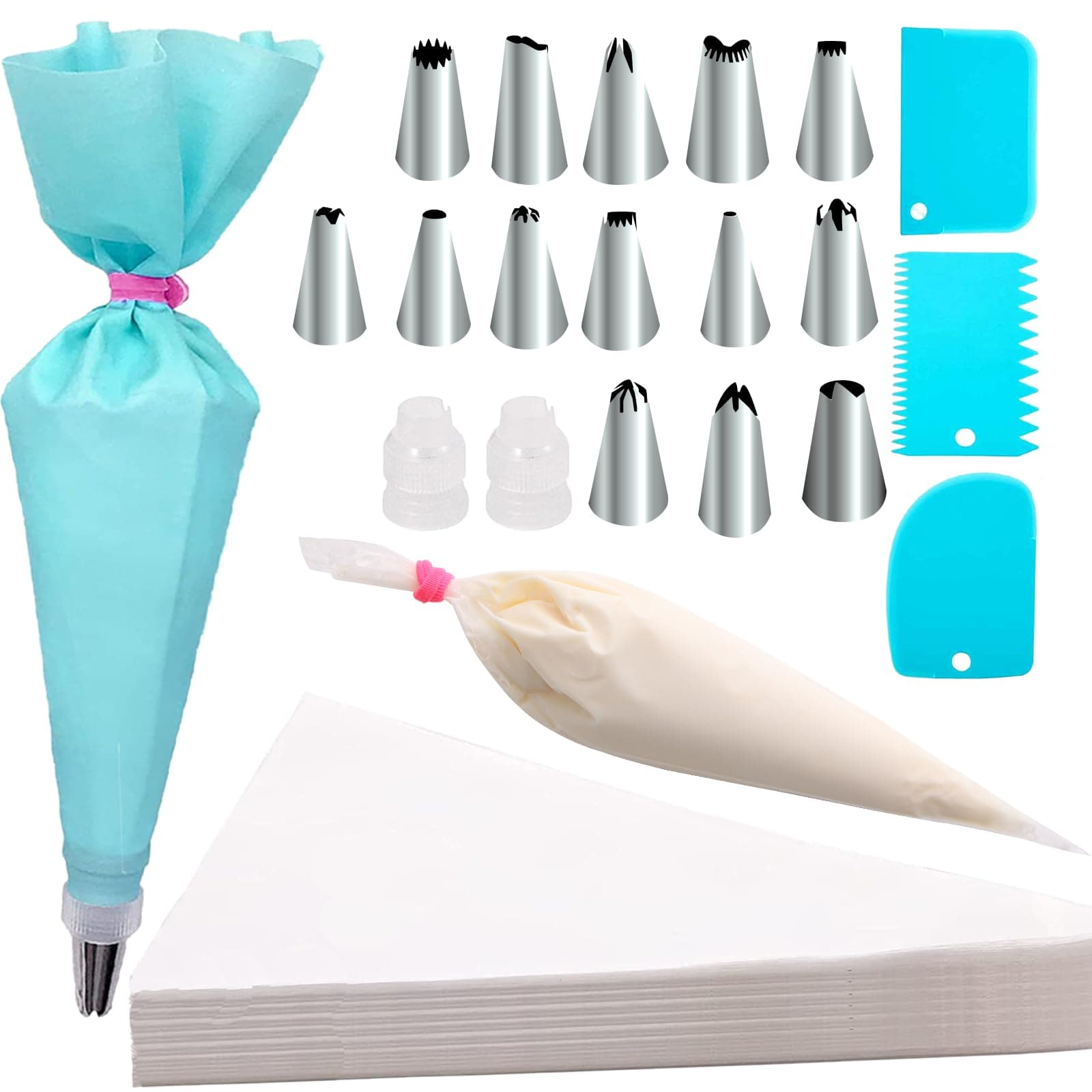 Piping Bags Pastry Bag 100PCS 2 Couplers,14 Frosting Tips 3 Cake Scraper 1 Tie, Cupcake Cake Decorating Bags Disposable Cake Icing Decorating Piping Bags Set For Cake Decorating Reusable For Cookies