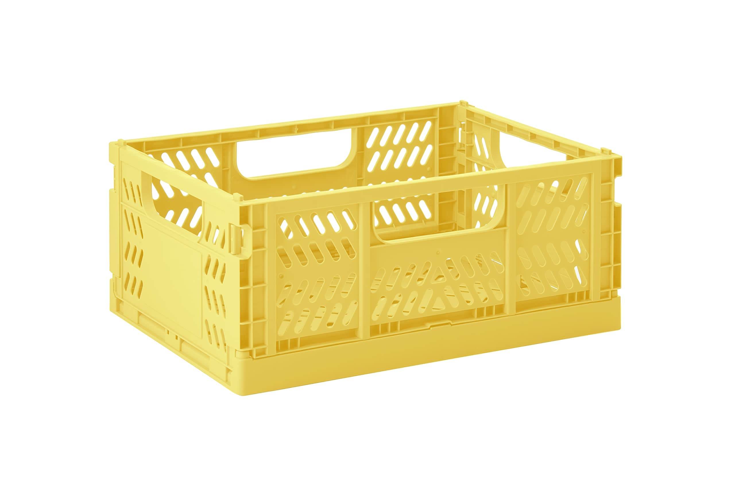 3 Sprouts Recycled Plastic Collapsible Crate - Stackable Folding Storage Crate for Organization for Adults & Kids - Foldable Plastic Crate - Medium - Yellow