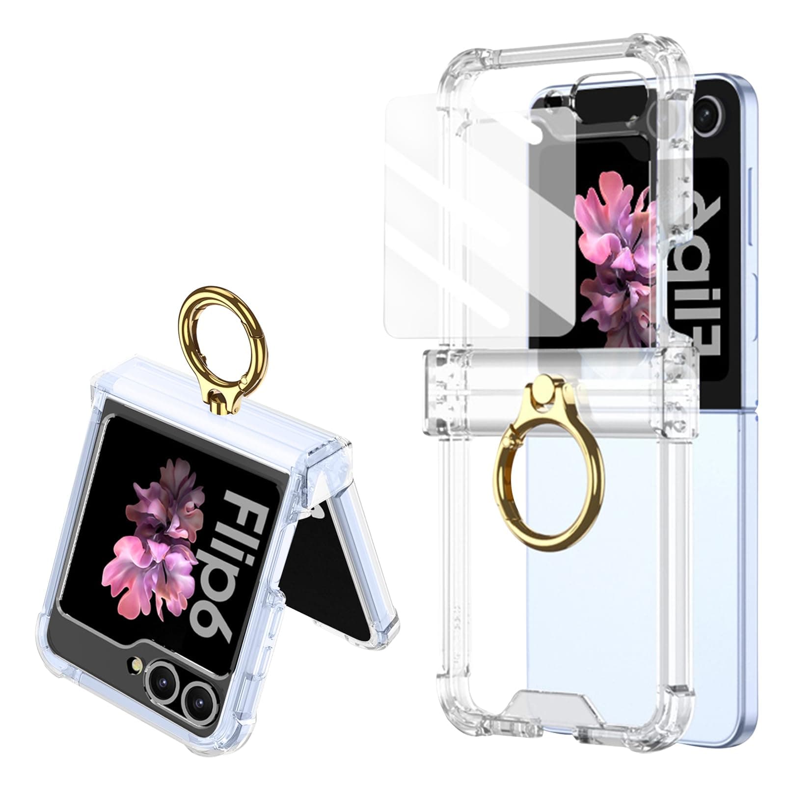 for Samsung Galaxy Z Flip 6 Clear Case Luxury Hinge Protection with Ring Holder & Screen Protector Soft All-Inclusive Shockproof Cover (Clear)