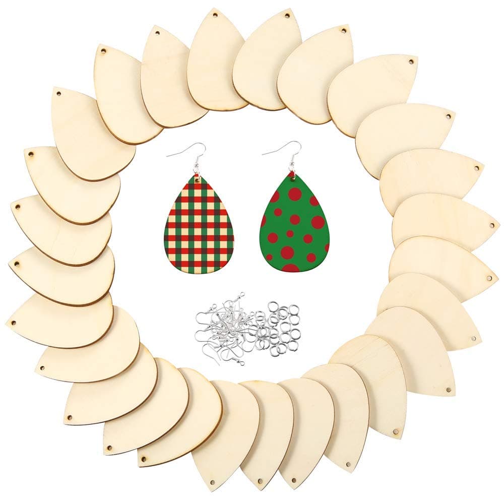 Caydo 50 Pieces Unfinished Wood Teardrop Earring Pendant with 50 Pieces Earring Hooks and 50 Pieces Jump Rings for Jewelry DIY Making