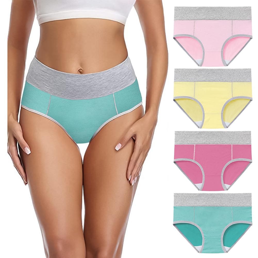 Ladies High Waist Knickers, 4Pcs Women's Cotton Briefs Underwear, Full Back Coverage Panties Multipack, Comfort Fit Underwear, Women Full Briefs Stretchy Soft Panties Slight Tummy Control Pants