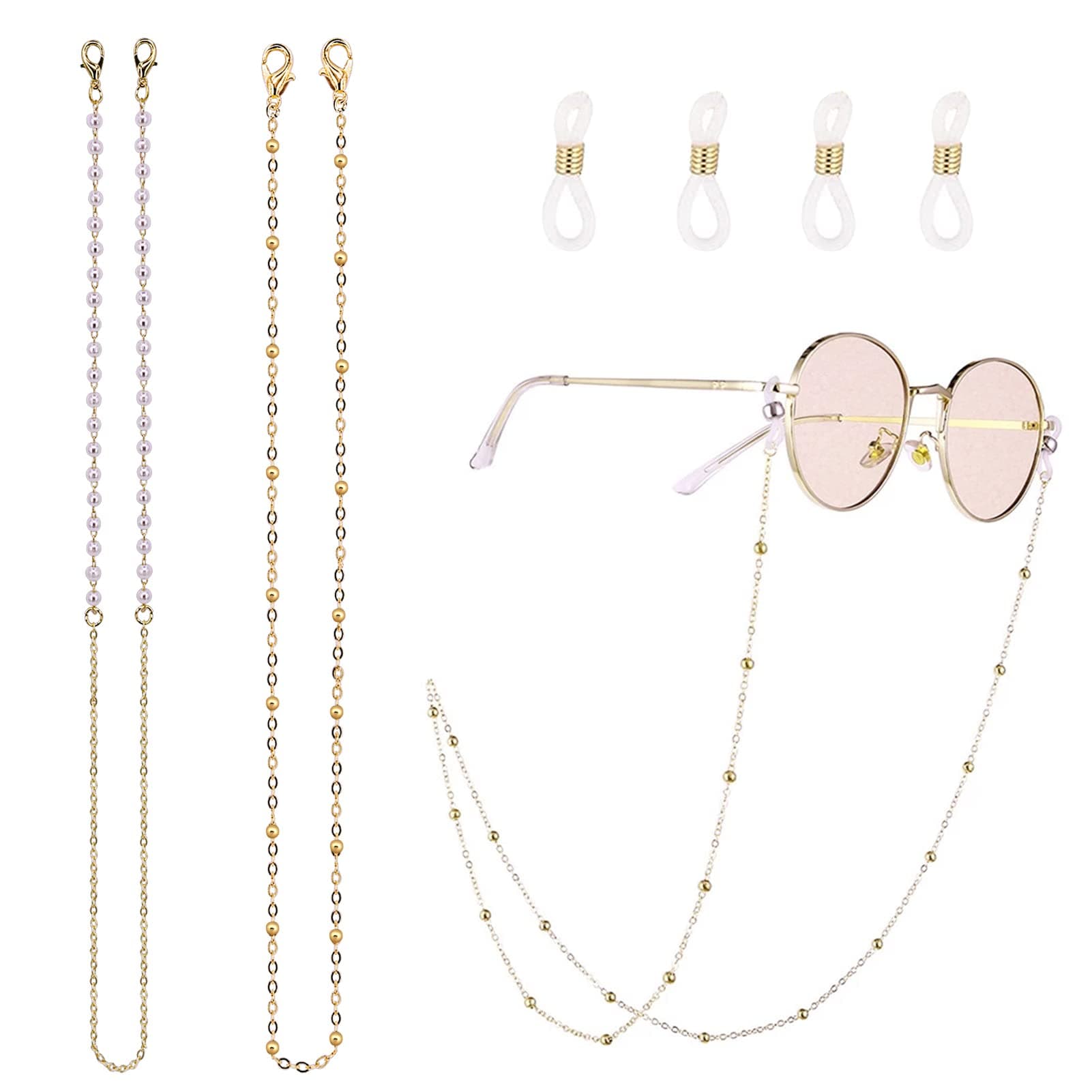 2 PCS Glasses Chains Sunglasses Chain Gold Glasses Chain Beaded Eyeglass Chains Spectacle Chain Reading Glasses Bead Glasses Strap Chains Eyewear Chain for Glasses Women with Anti-Skid Ear Hooks