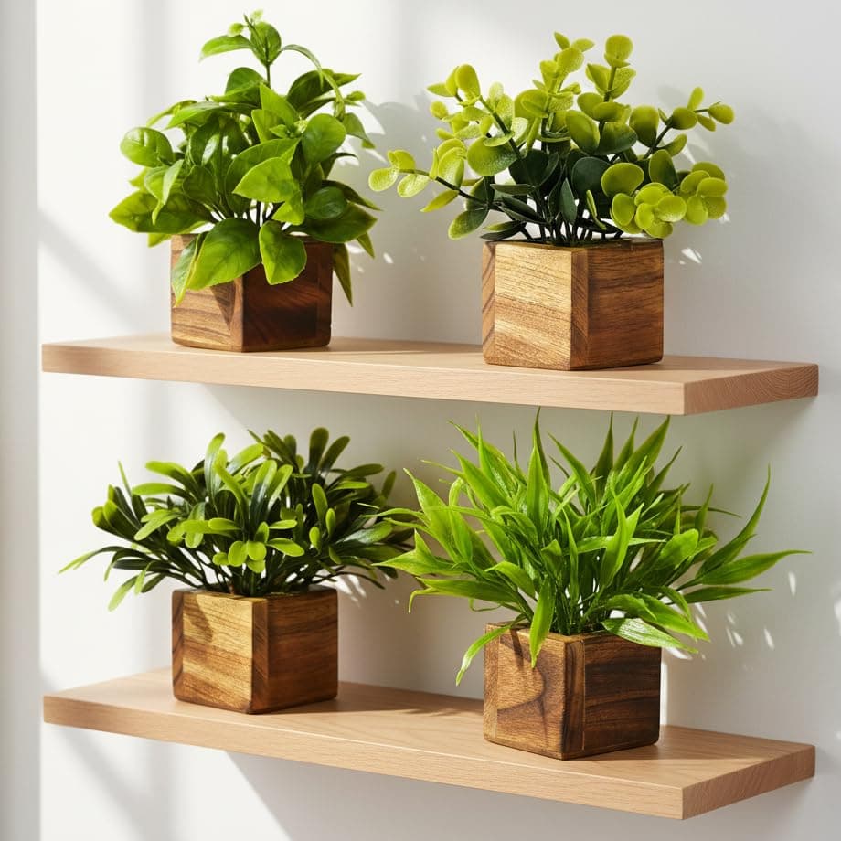 Decorebugs Artificial Potted Plants in Wooden Pot (4 Pack) Eucalyptus Plants Small Plants for Home Decor | Office Decor |DB-8149