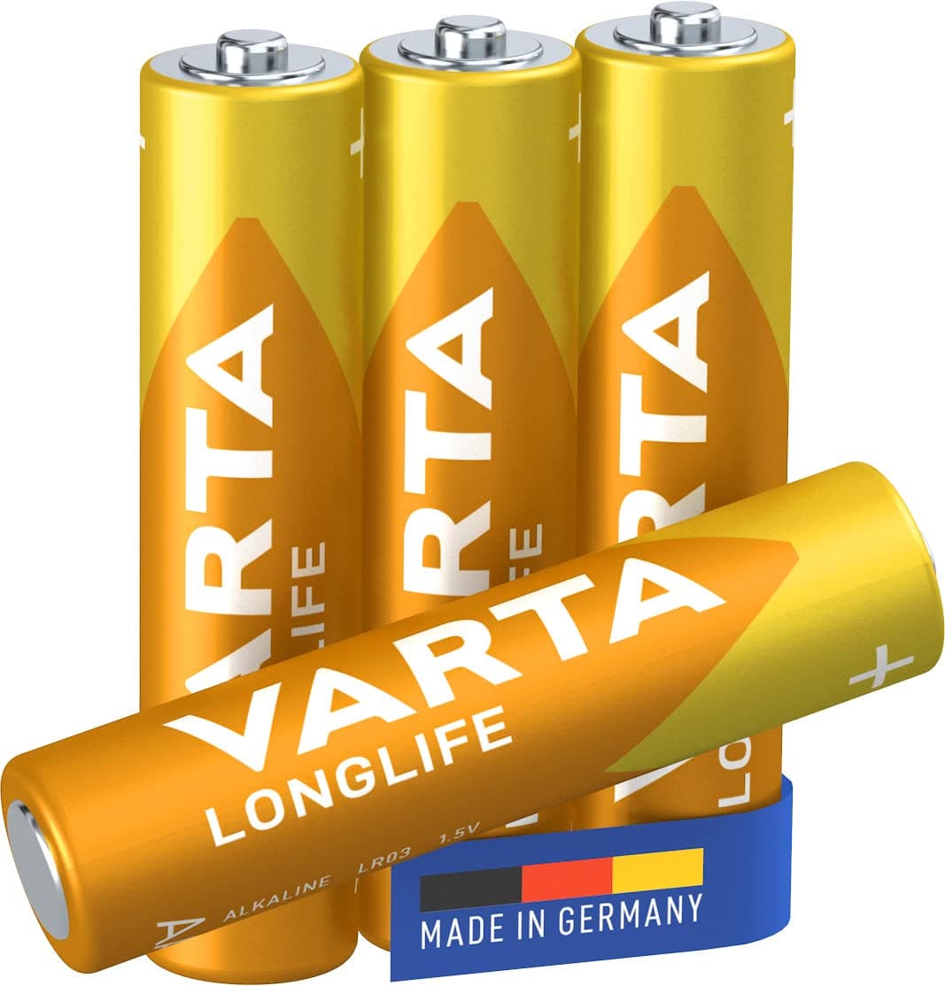 Batteries AAA Pack of 4, Longlife, Alkaline, 1.5 V, Ideal for Remote Controls, Alarm Clocks, Radios, Made in Germany