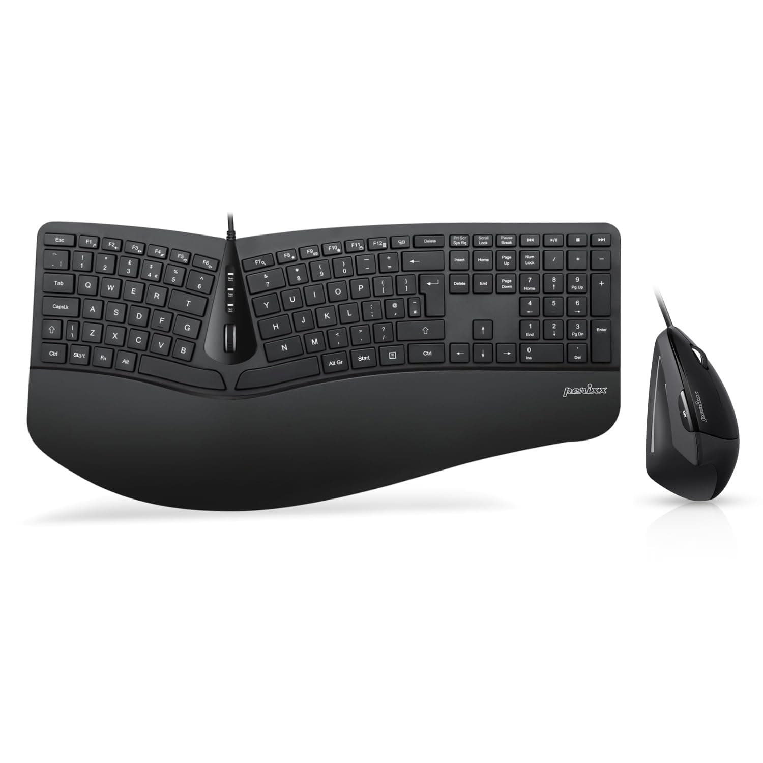 Perixx Periduo-505 Wired Ergonomic Split Keyboard and Vertical Mouse Combo with Adjustable Wrist Rest and Flat Membrane Keys UK Layout